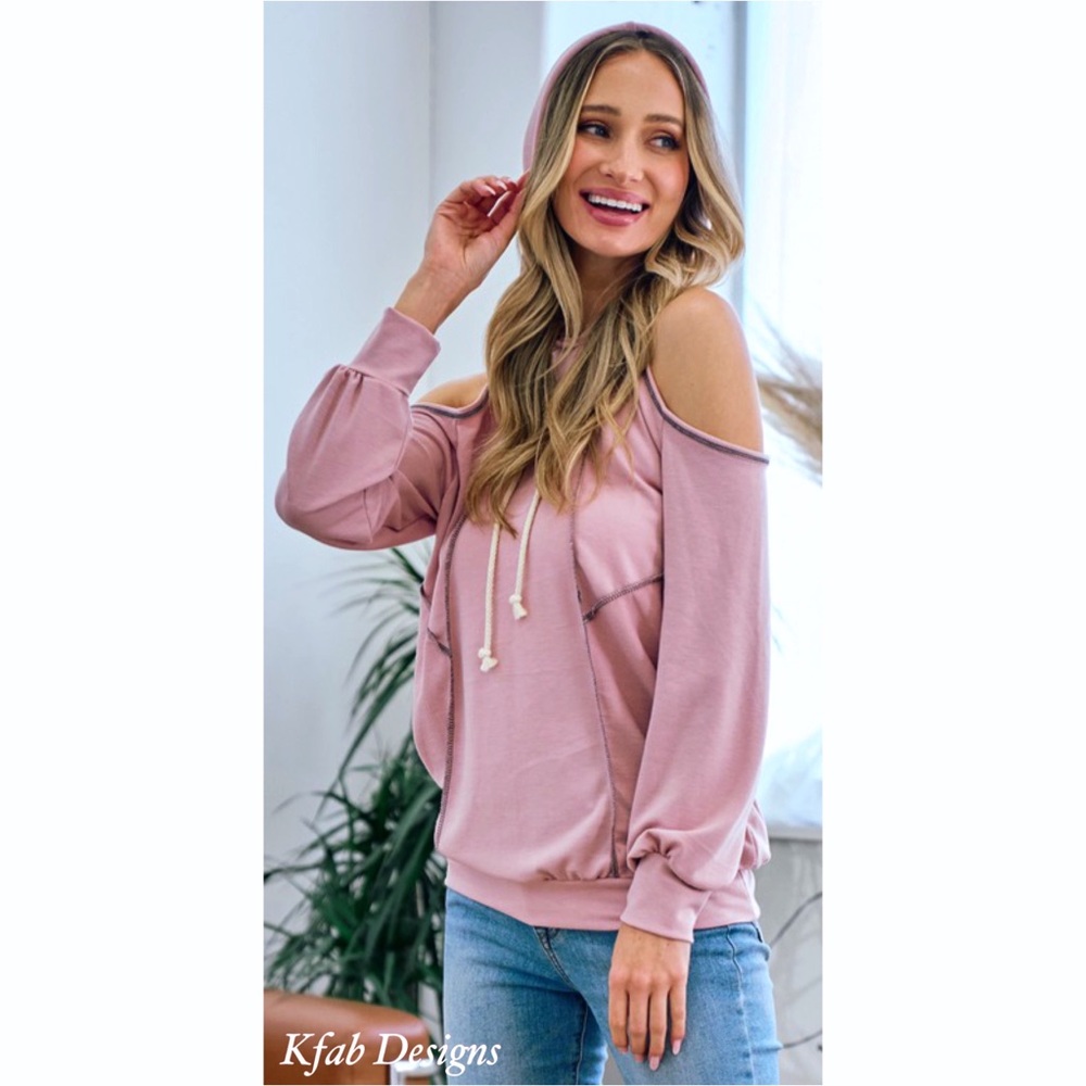 ❤️LAST 1! Soft Heather Rose Contrast Stitch French Terry Cold Shoulder Hoodie - Picture 4 of 7